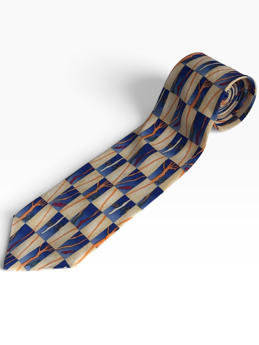 Jerry Garcia Stonehenge Abstract Blue & Yellow Checkered Silk Tie 56”